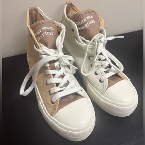 American Eagle Outfitters Two-Tone Tan and White High-Top Sneakers